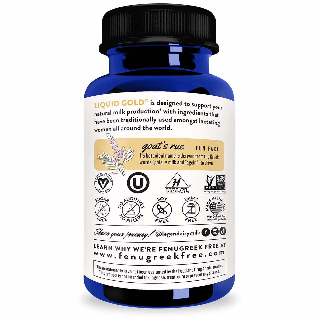 Blue and white supplement bottle with black cap labeled "Liquid Gold" by Legendairy Milk, displaying ingredient information a