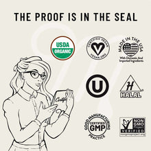 Illustration of woman holding product with certification badges including USDA Organic, Vegan, Made in USA, Kosher, Halal, an