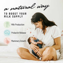 Woman nursing infant on bed with text describing milk supply benefits and product features.