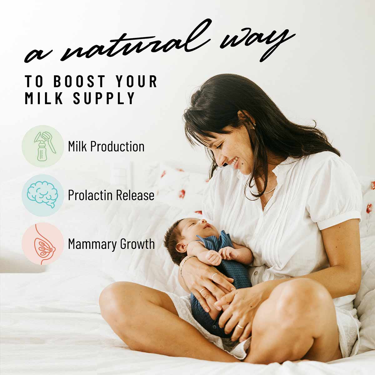 Woman nursing infant on bed with text describing milk supply benefits and product features.