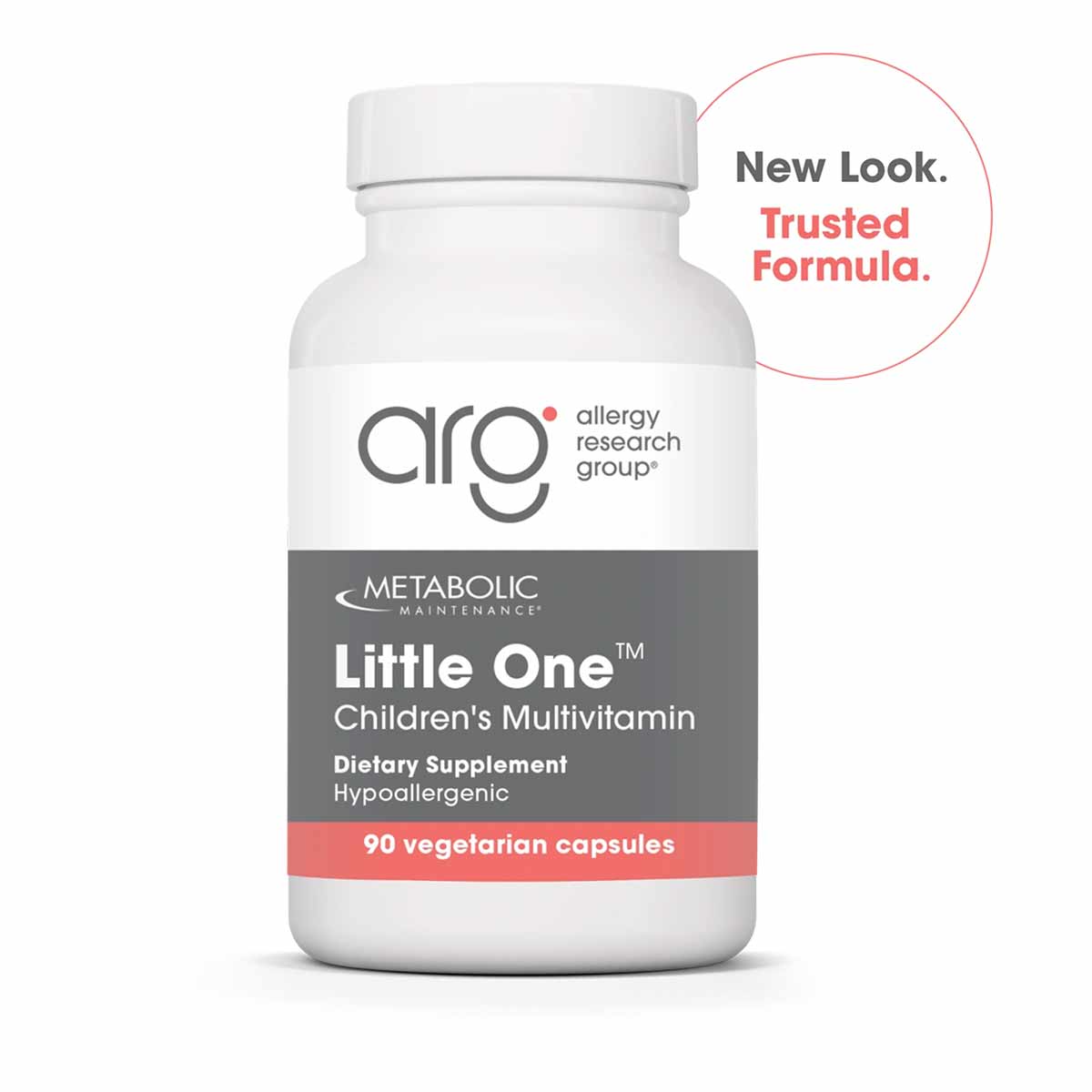 A white supplement bottle with a gray and coral label reads Little One Children's Multivitamin, 90 vegetarian capsules, with a circular badge nearby.