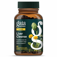 Gaia Herbs Liver Cleanse bottle with green cap containing dark capsules and label showing artichoke and dandelion flowers.