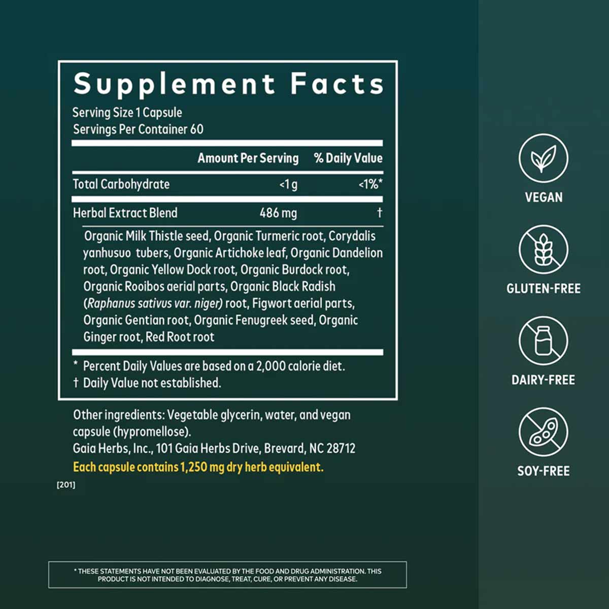 Gaia Herbs Liver Cleanse supplement facts label showing 60 capsules with herbal extract blend and ingredient list.