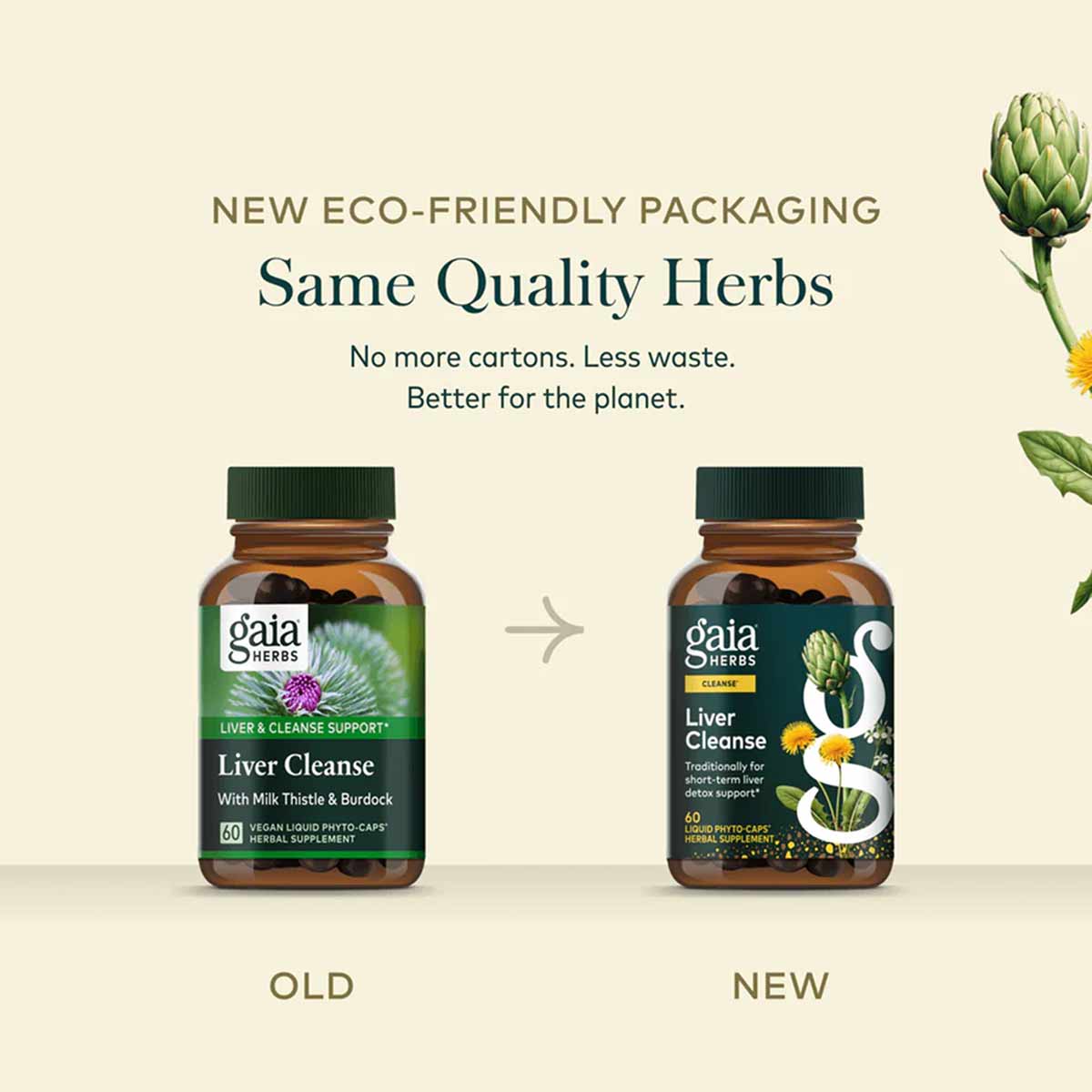 Two brown glass bottles of Gaia Herbs Liver Cleanse with green caps, showing old and new packaging designs with artichoke and