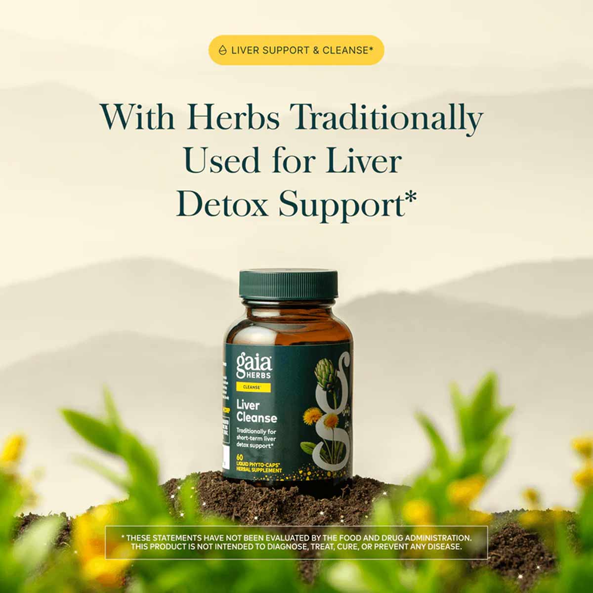 Gaia Herbs Liver Cleanse supplement bottle with green cap on soil surrounded by green plants and yellow flowers.