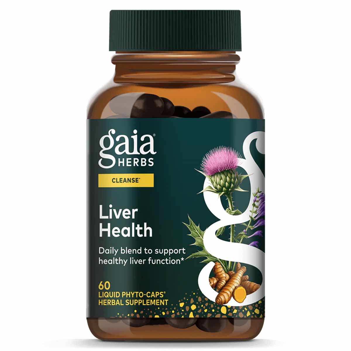 Gaia Herbs Liver Health supplement bottle with green cap containing 60 dark liquid phyto-caps.
