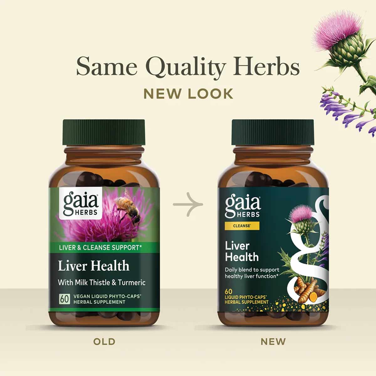 Two brown glass bottles of Gaia Herbs Liver Health supplement showing old and new label designs with milk thistle and turmeri