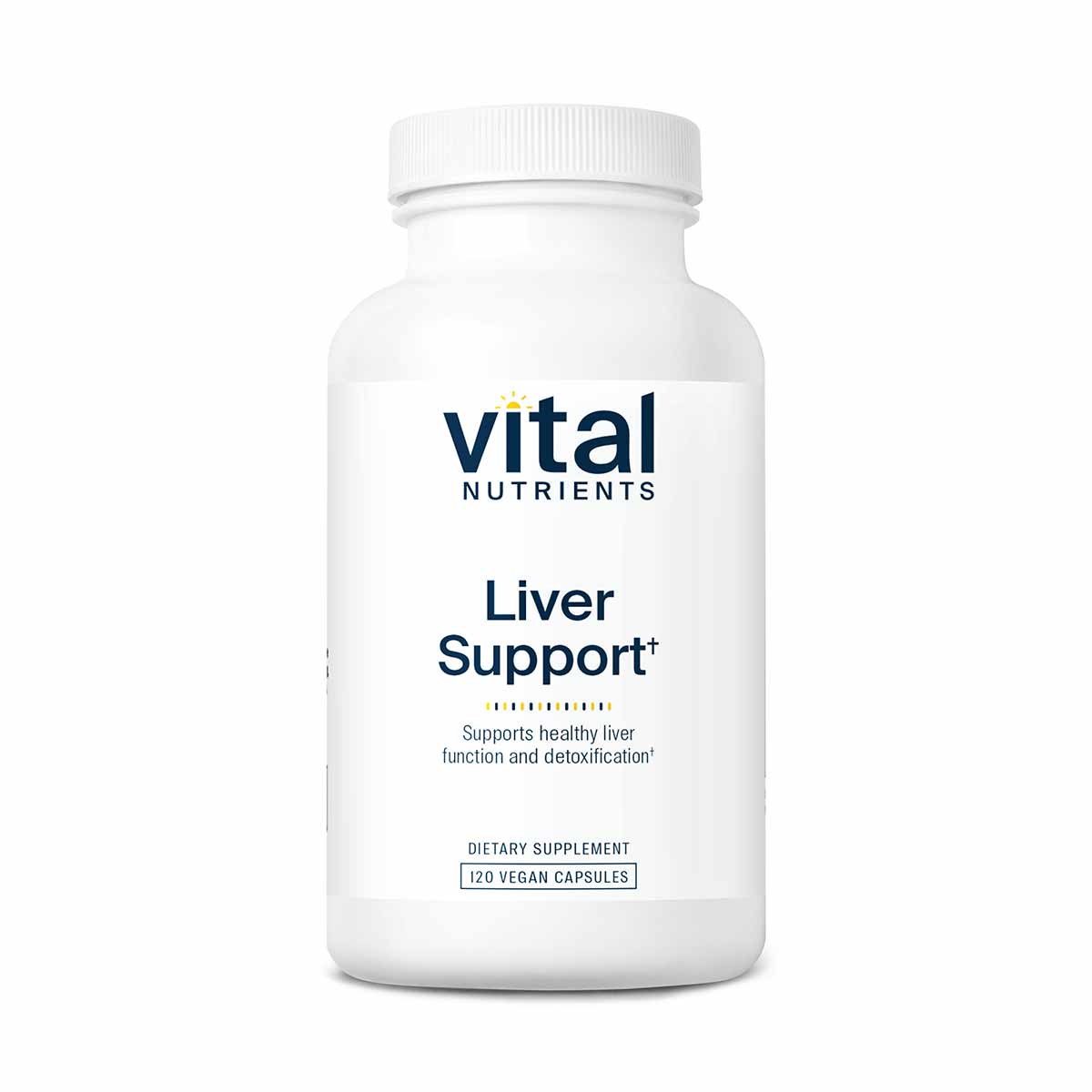 White bottle of Vital Nutrients Liver Support dietary supplement containing 120 vegan capsules.