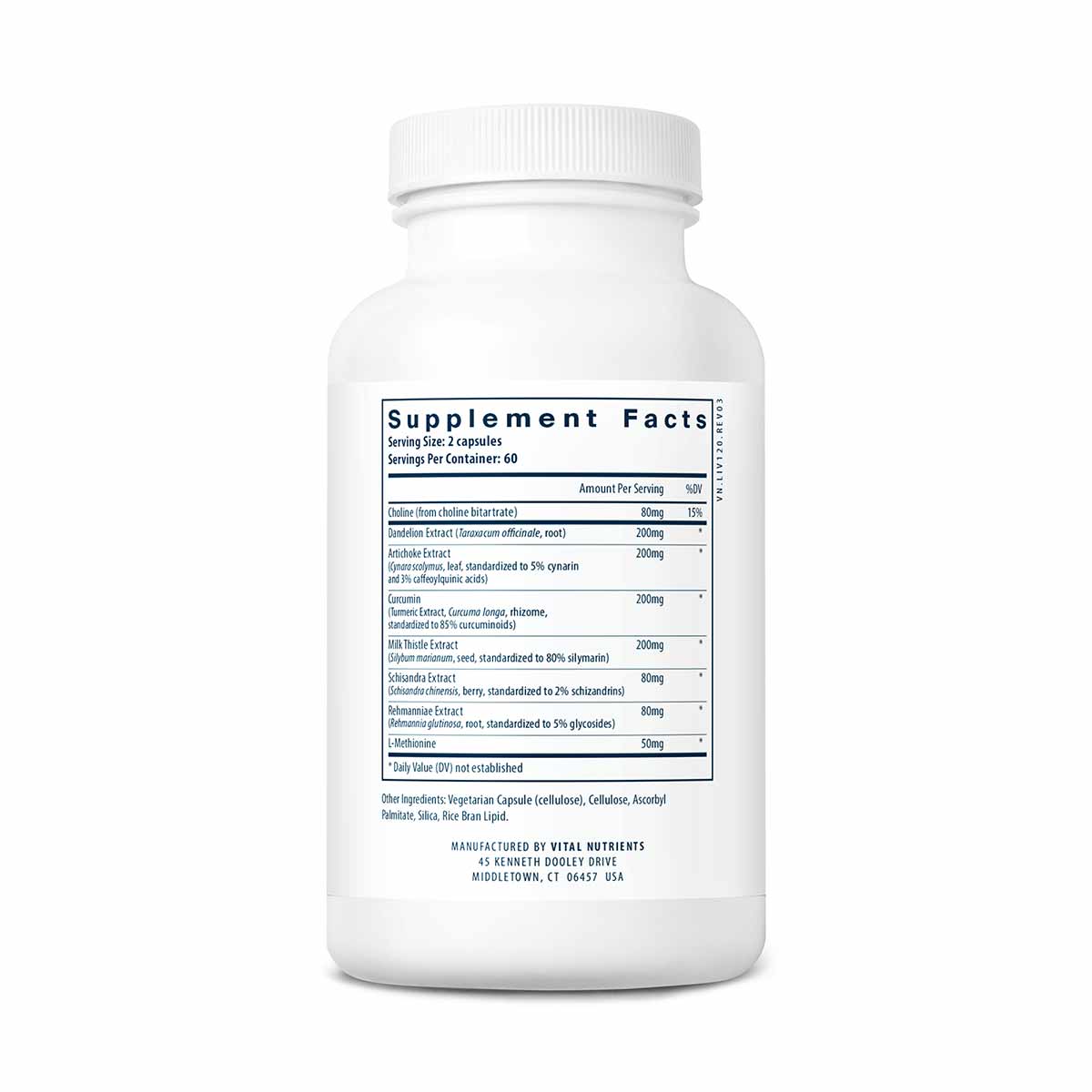 White supplement bottle with white cap and Supplement Facts label listing herbal ingredients including milk thistle and silym
