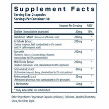 Supplement Facts label for Liver Support capsules listing ingredients including choline, dandelion extract, artichoke extract