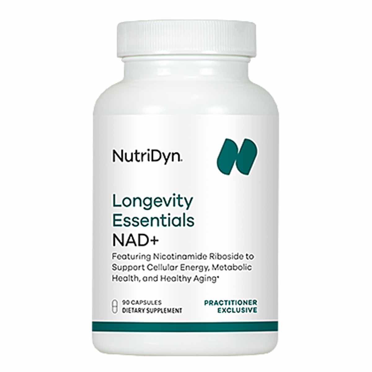 White dietary supplement bottle labeled NutriDyn Longevity Essentials NAD+ containing 90 capsules.