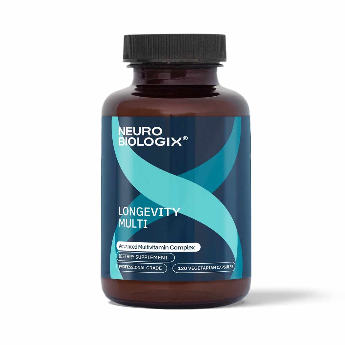 Brown glass bottle of Neurobiologix Longevity Multi multivitamin supplement with teal and navy label, containing 120 vegetari