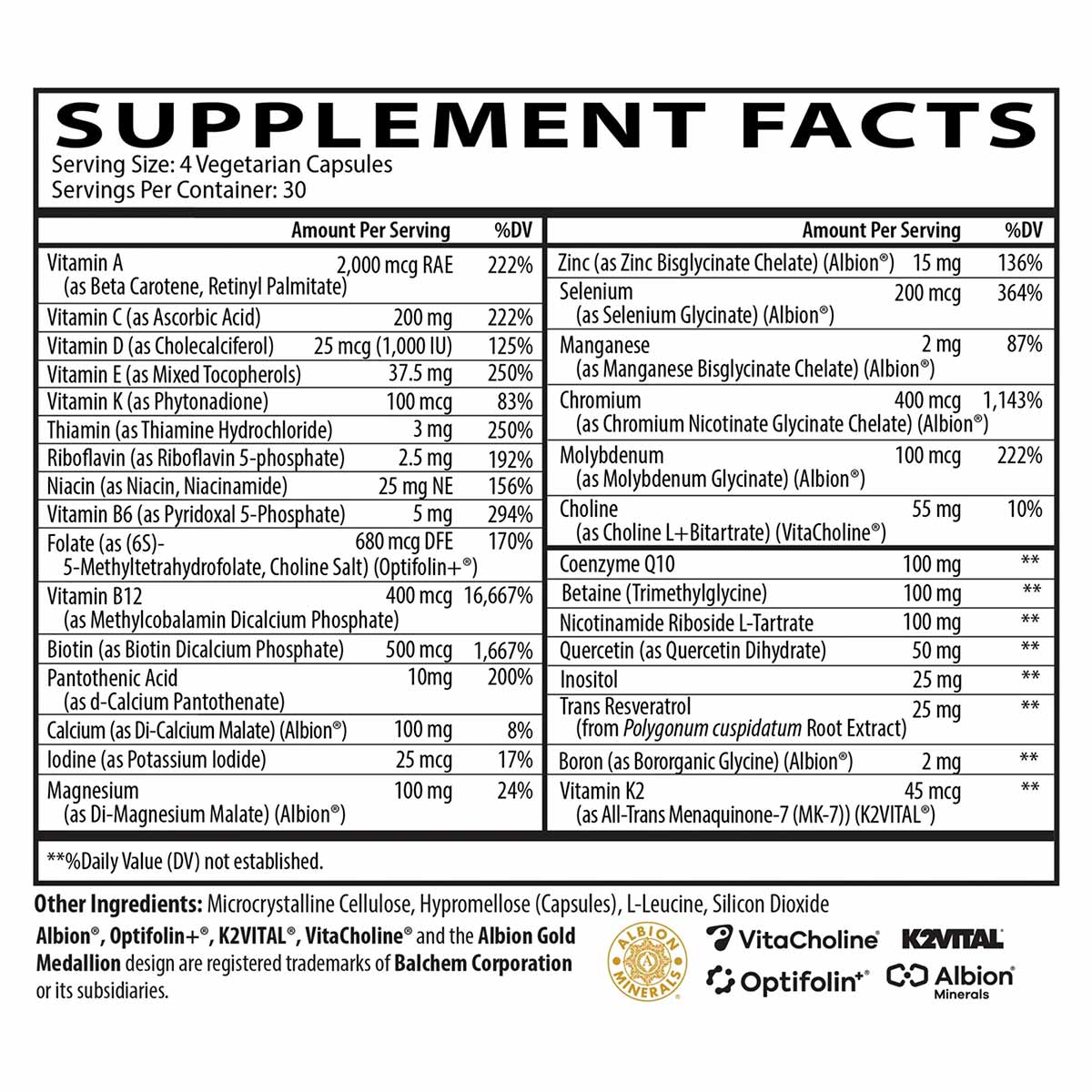 Supplement Facts label for Longevity Multi by Neurobiologix showing nutritional information for 4 vegetarian capsules per ser