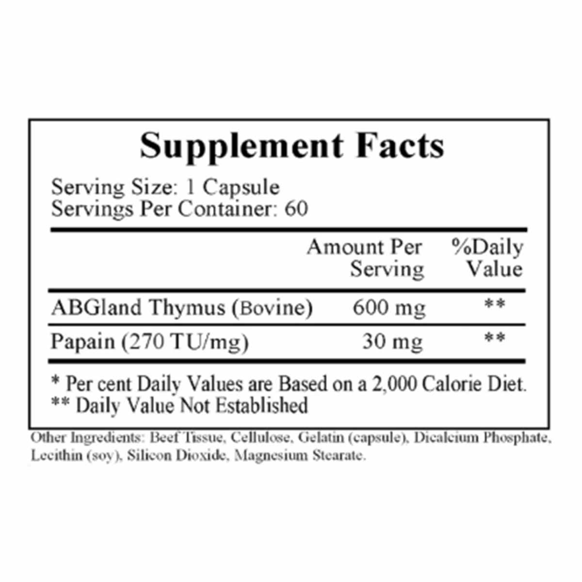 Supplement Facts label showing 60 capsules per container with ABGland Thymus and Papain as active ingredients.