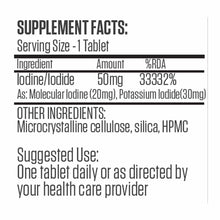 Supplement facts label for LugoTab 50 mg tablet containing iodine/iodide with microcrystalline cellulose and silica.