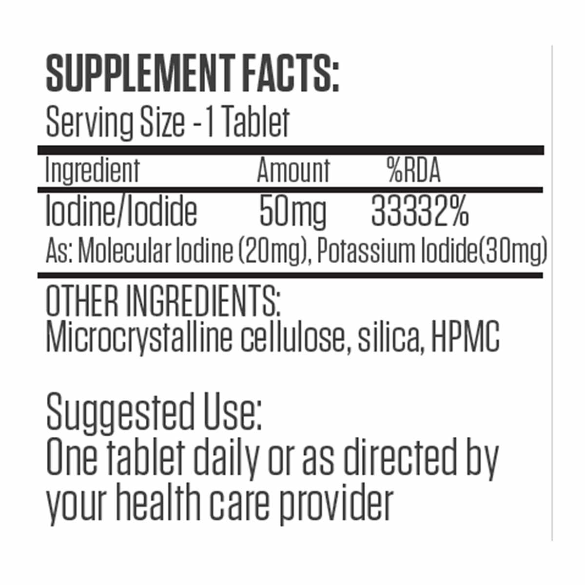 Supplement facts label for LugoTab 50 mg tablet containing iodine/iodide with microcrystalline cellulose and silica.
