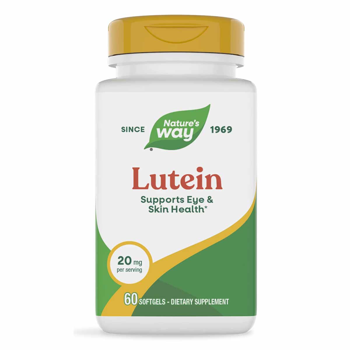 Nature's Way Lutein supplement bottle with gold cap, 60 softgels, 20 mg per serving.