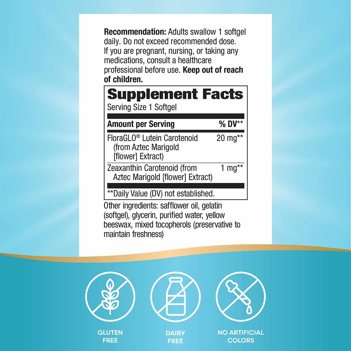 Lutein supplement softgel label showing dosage instructions, supplement facts with 20mg FloraGLO Lutein Carotenoid per servin