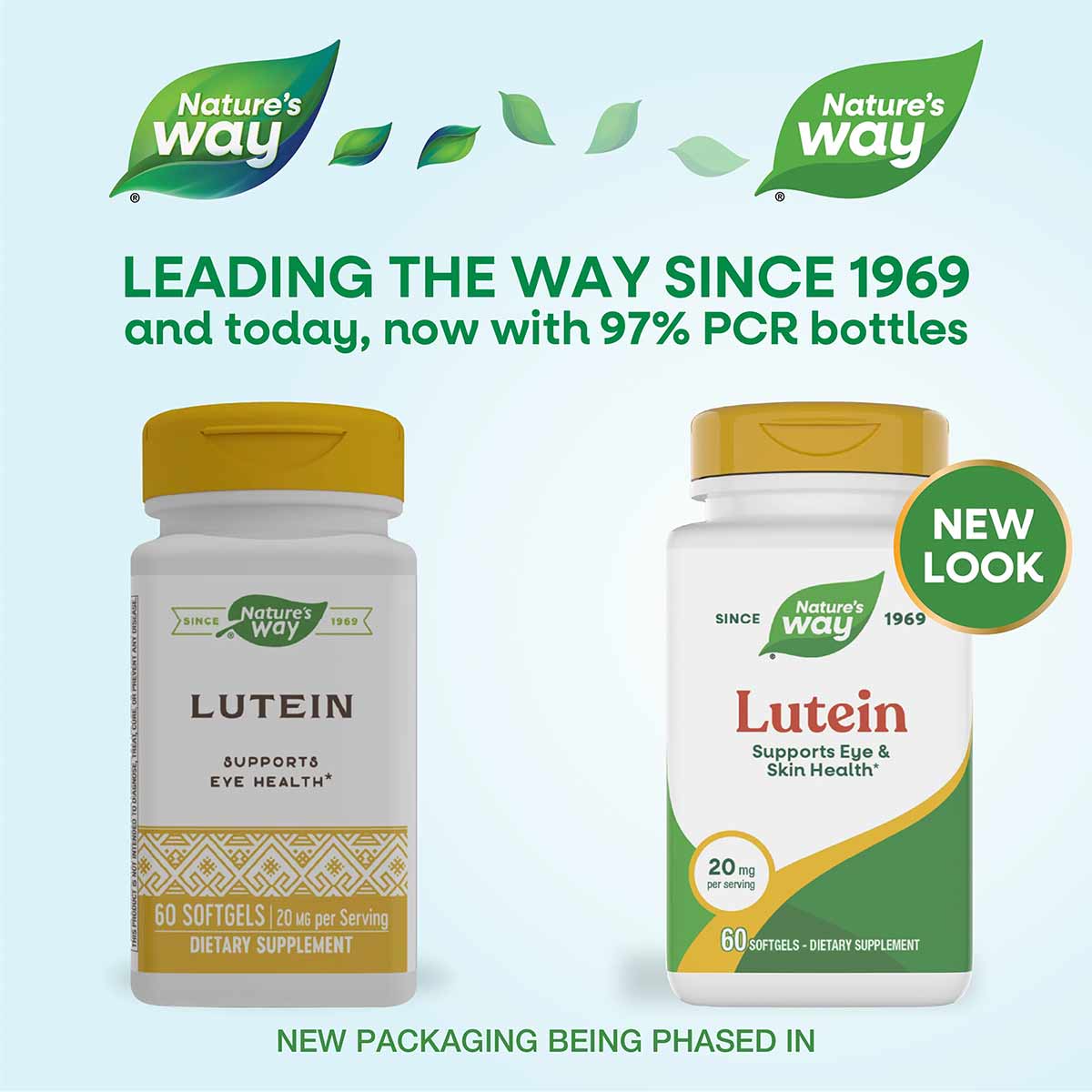 Two Nature's Way Lutein supplement bottles with gold caps side by side, 60 softgels each, 20 mg per serving.