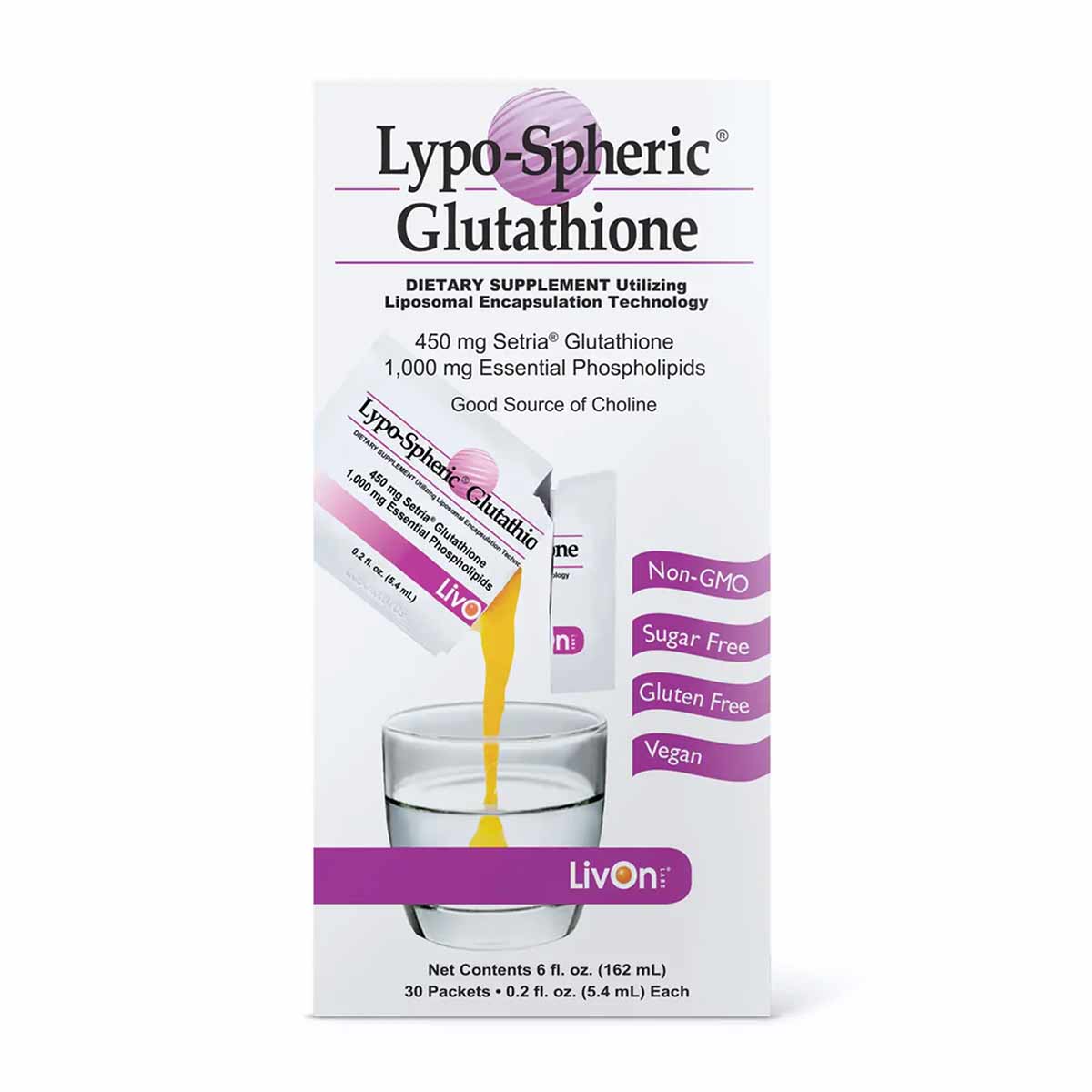 Box of Lypo-Spheric Glutathione dietary supplement by LivOn, 30 packets, with liquid being poured into a glass.