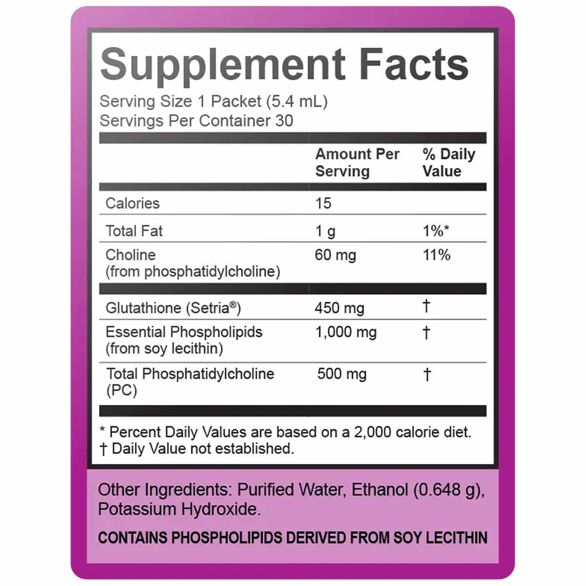 Supplement Facts label for Lypo-Spheric Glutathione showing 30 servings with 450 mg glutathione per 5.4 mL packet.