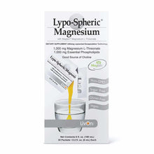 Lypo-Spheric Magnesium supplement box showing packet being squeezed into water glass with product information and dietary att