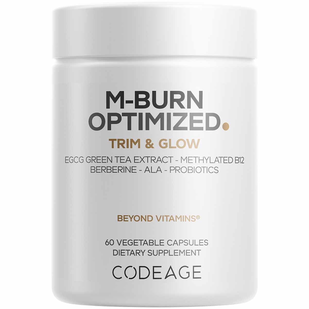 White cylindrical supplement bottle labeled M-Burn Optimized Trim & Glow with 60 vegetable capsules by Codeage.