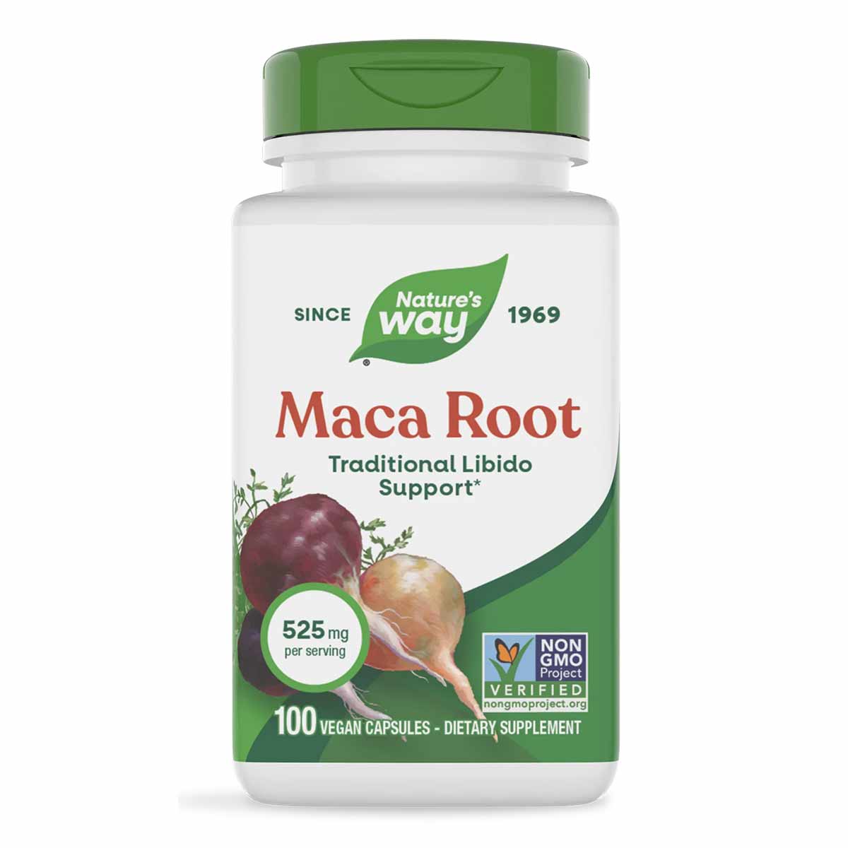 Nature's Way Maca Root dietary supplement bottle with green cap containing 100 vegan capsules at 525 mg per serving.