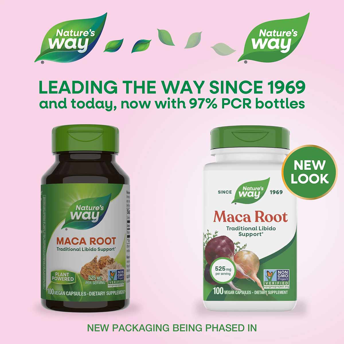 Two Nature's Way Maca Root supplement bottles with green caps containing 100 vegan capsules each, displayed side-by-side on p