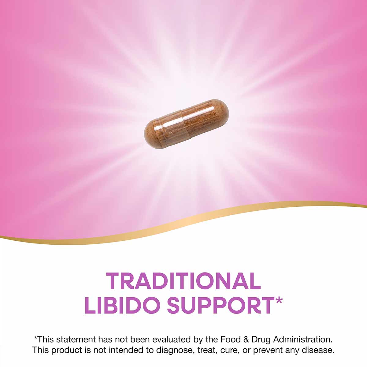 Brown maca root supplement capsule on pink background with gold wave design.