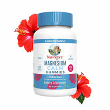 White bottle with blue cap containing MaryRuth's Magnesium Calm hibiscus-flavored gummies, 60 count, surrounded by red hibisc