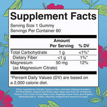 Supplement Facts label for Magnesium Calm gummies showing 50mg magnesium citrate per serving with ingredient list on blue bac