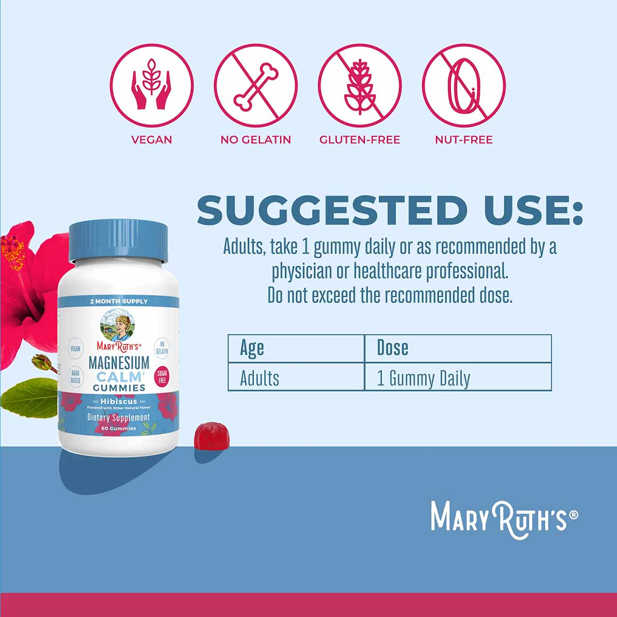 MaryRuth's Magnesium Calm gummies bottle with hibiscus flavor, vegan, no gelatin, gluten-free, nut-free.