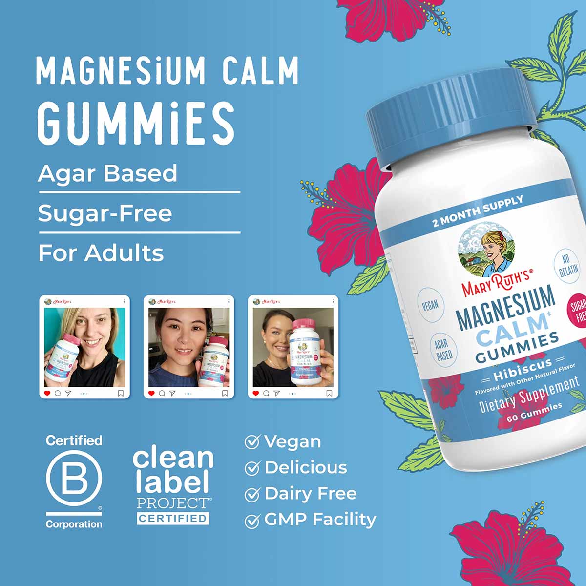 White bottle with blue cap of MaryRuth's Magnesium Calm gummies, 60 count, surrounded by red flowers on blue background.