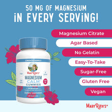 MaryRuth's Magnesium Calm gummies bottle with blue cap, 60 count, surrounded by red hibiscus flowers on blue background.