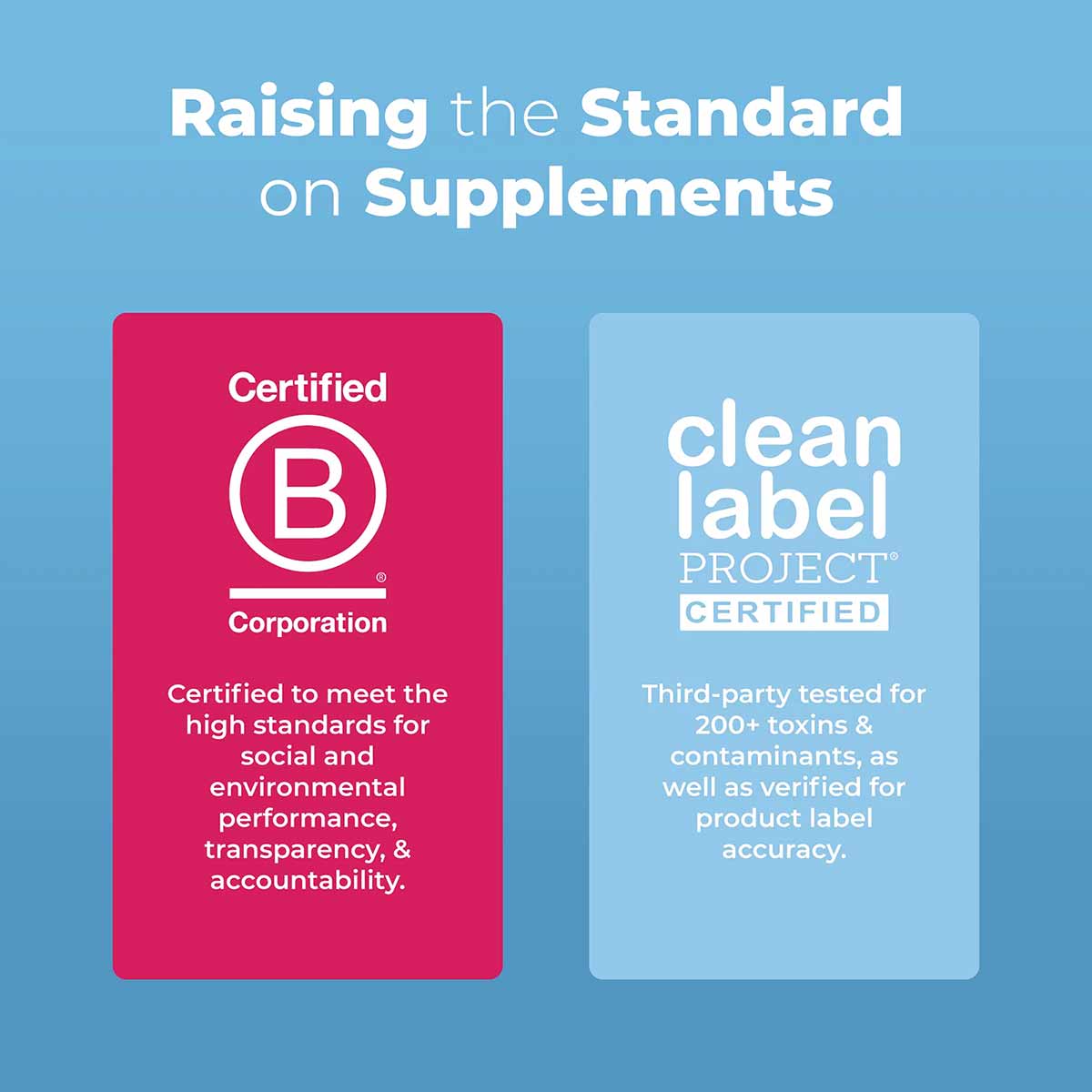 Blue background with text about supplement standards and two certification badges: B Corporation and Clean Label Project.