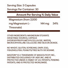 Supplement facts label showing serving size of 3 capsules, 30 servings per container, with 144 mg magnesium per serving from 
