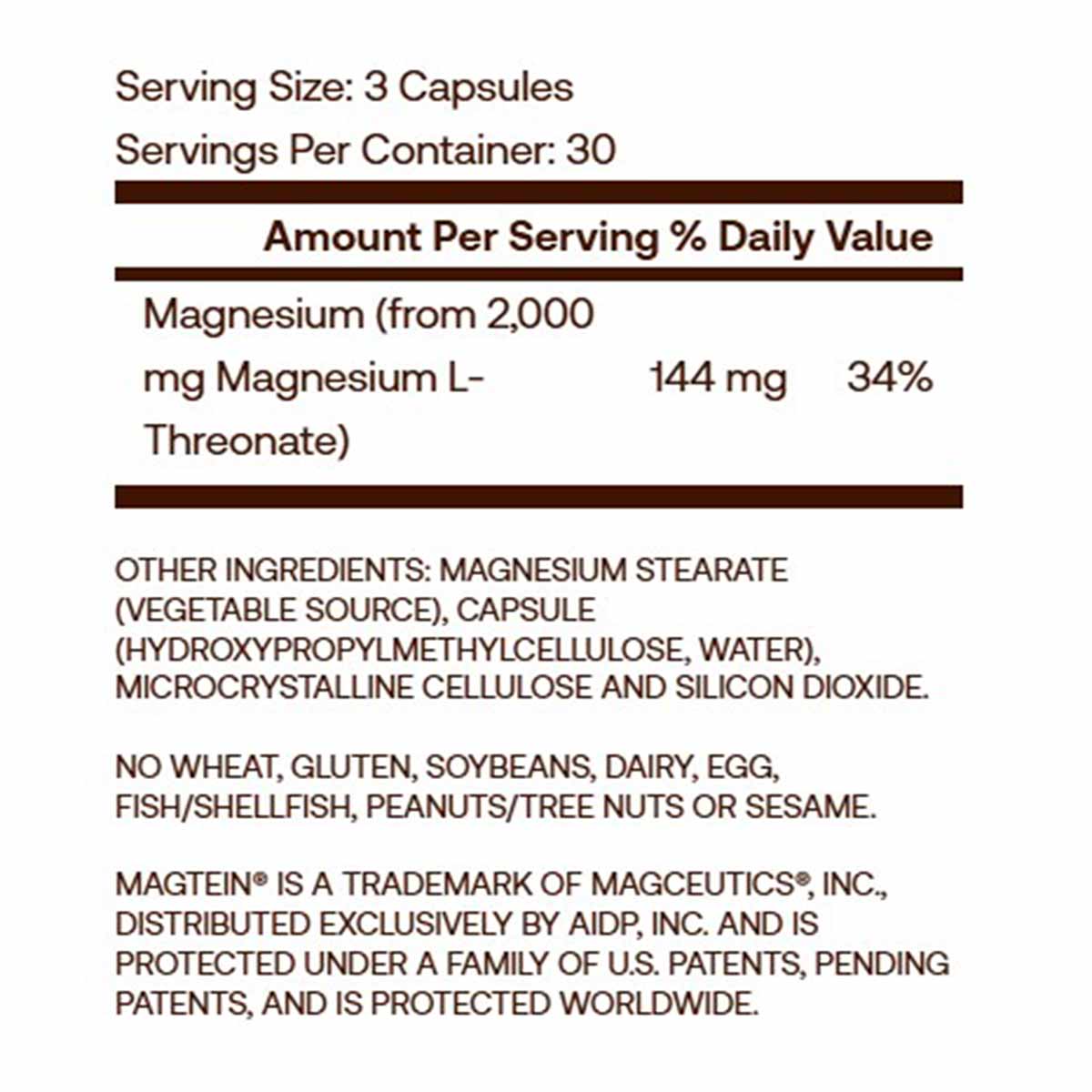 Supplement facts label showing serving size of 3 capsules, 30 servings per container, with 144 mg magnesium per serving from 