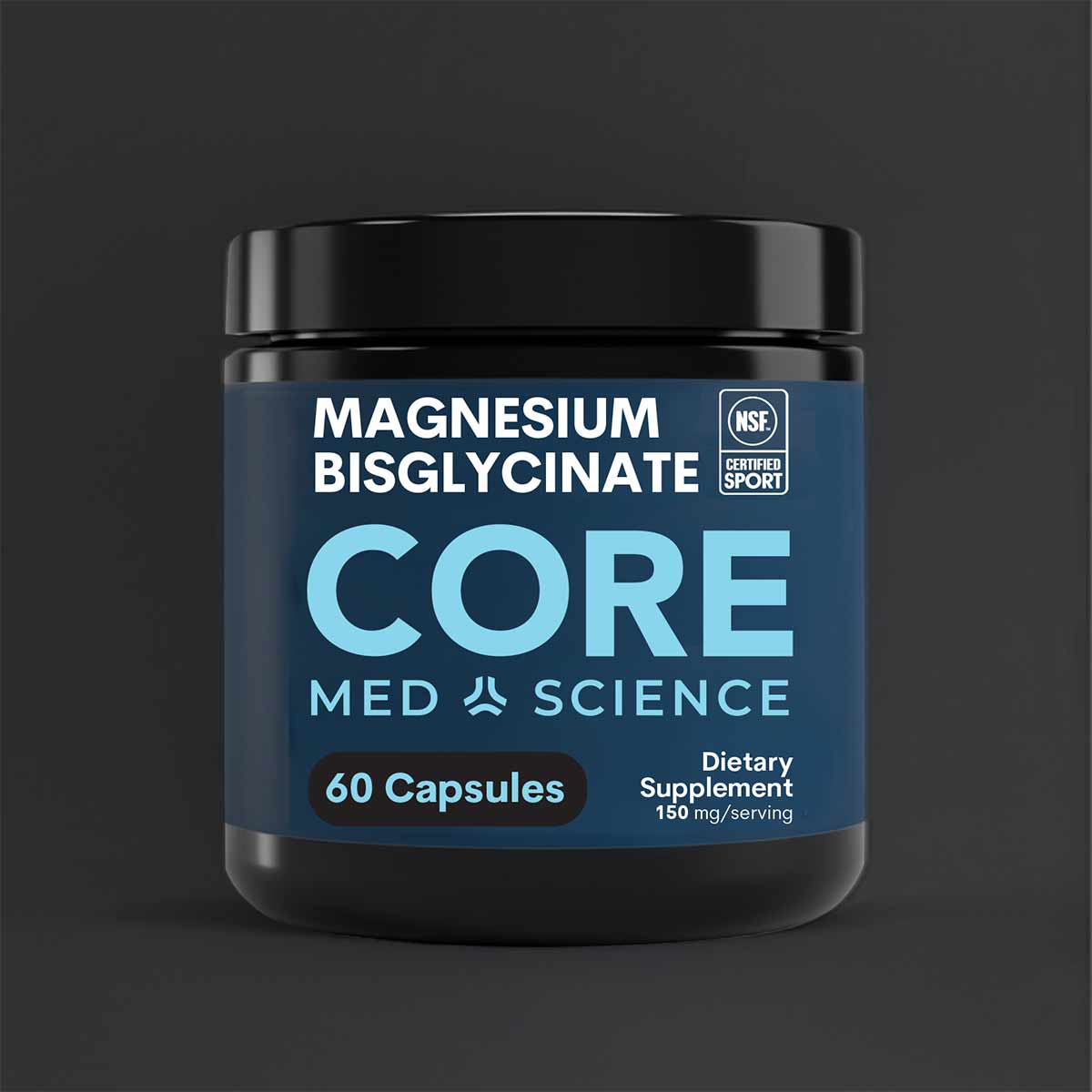 Black bottle labeled Magnesium Bisglycinate by Core Med Science containing 60 capsules, 150 mg per serving.