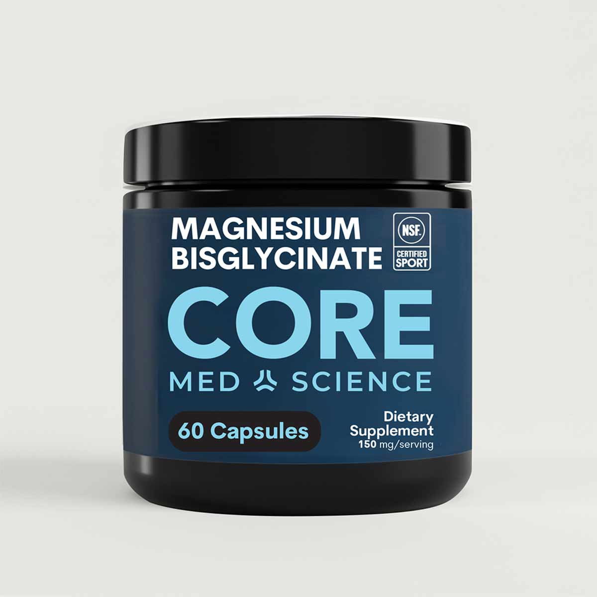 Dark blue and black capsule bottle labeled Magnesium Bisglycinate by Core Med Science, containing 60 capsules, 150 mg per ser