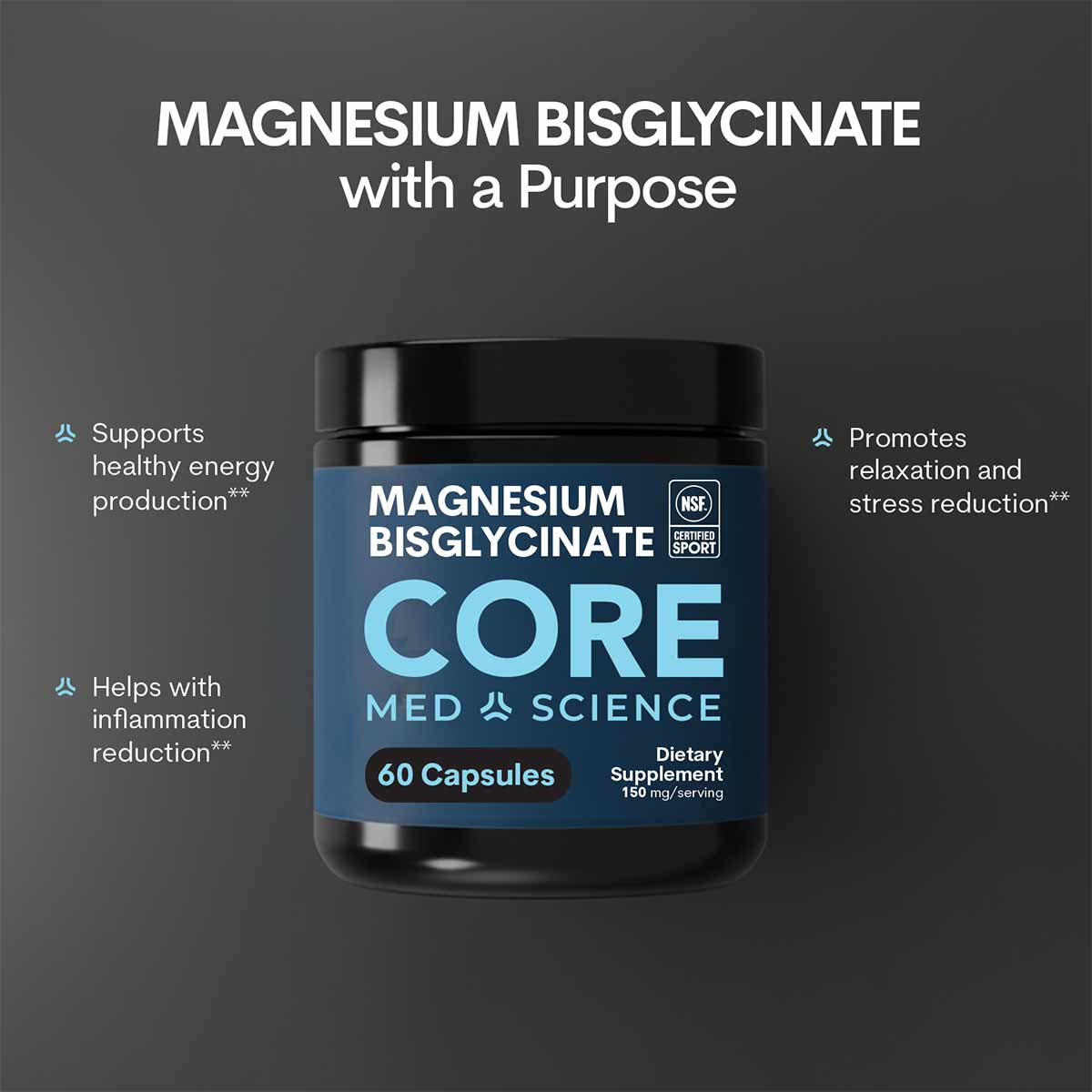 Black container of Core Med Science Magnesium Bisglycinate capsules with blue label, 60 capsules, 150 mg per serving.