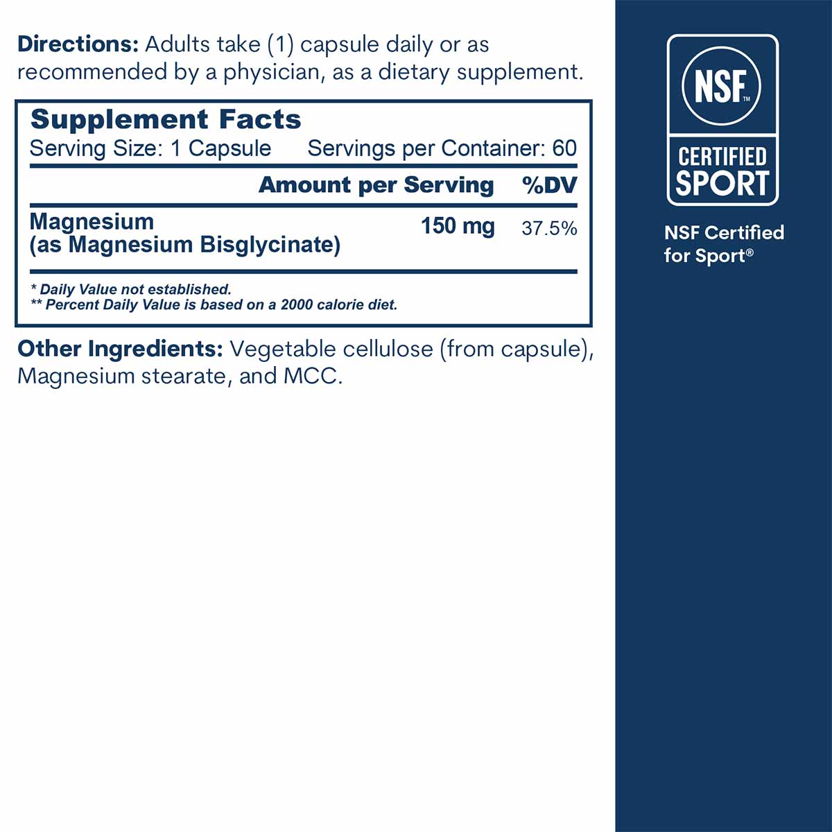 Supplement Facts label showing 150mg magnesium bisglycinate per capsule with NSF Certified for Sport badge on dark blue backg