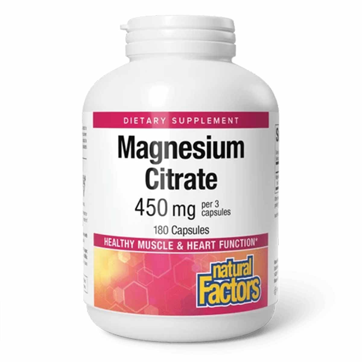 White bottle of Magnesium Citrate 450 mg dietary supplement by Natural Factors containing 180 capsules.