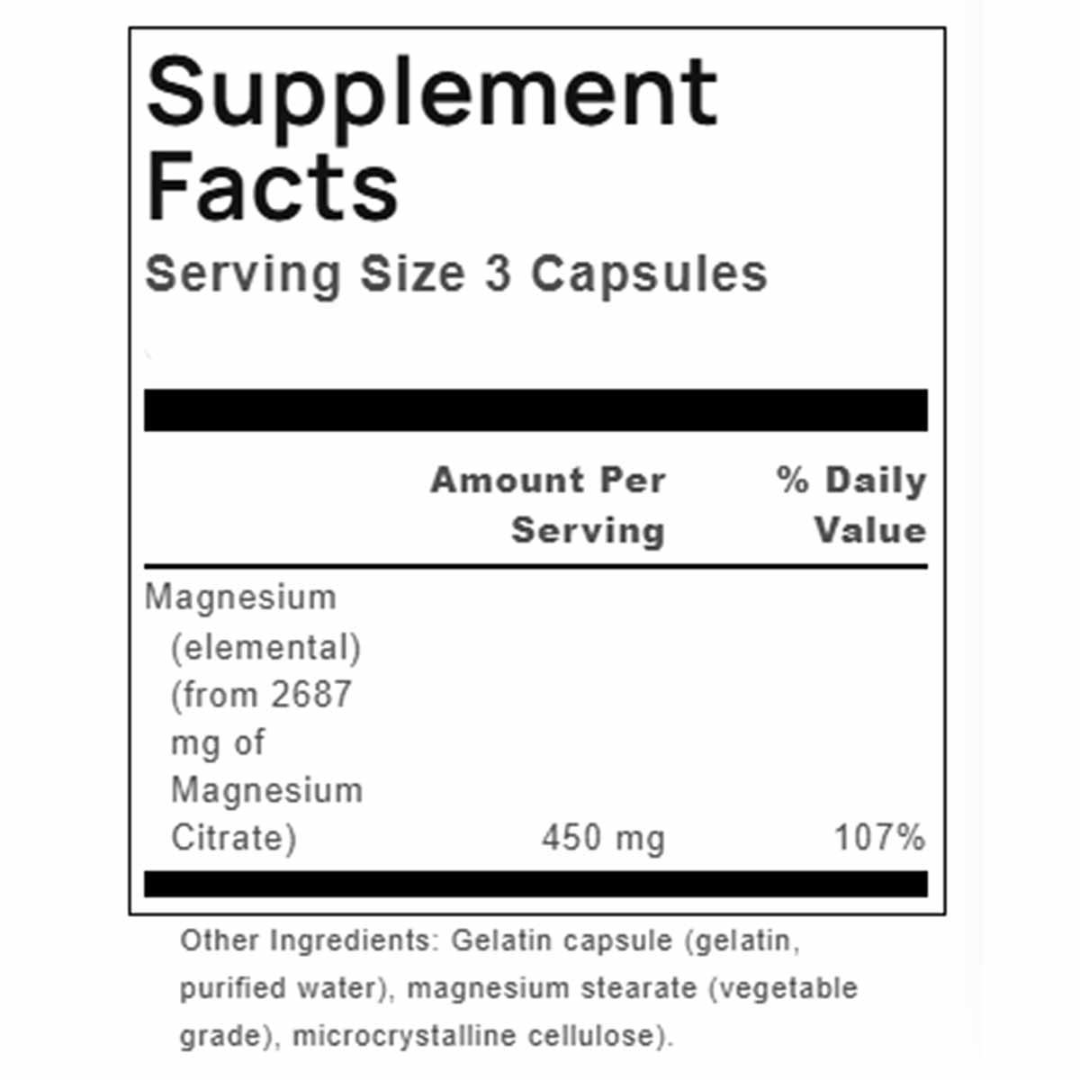 Supplement Facts label showing magnesium citrate 450 mg per serving of 3 capsules with ingredient list.