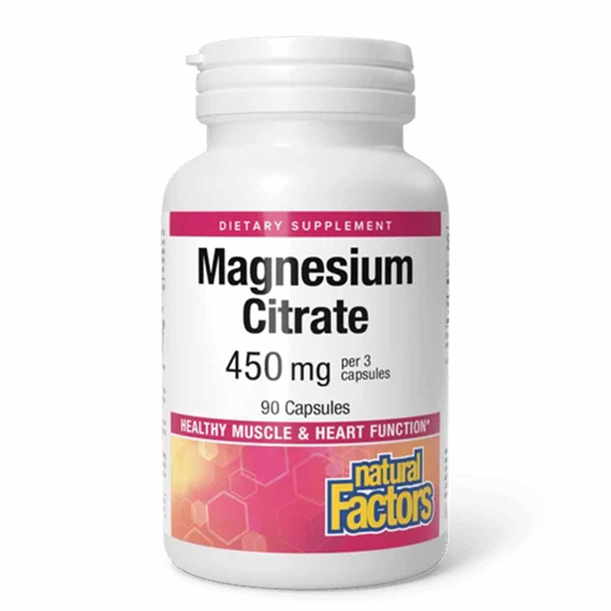 White bottle of Magnesium Citrate 450 mg dietary supplement by Natural Factors containing 90 capsules.