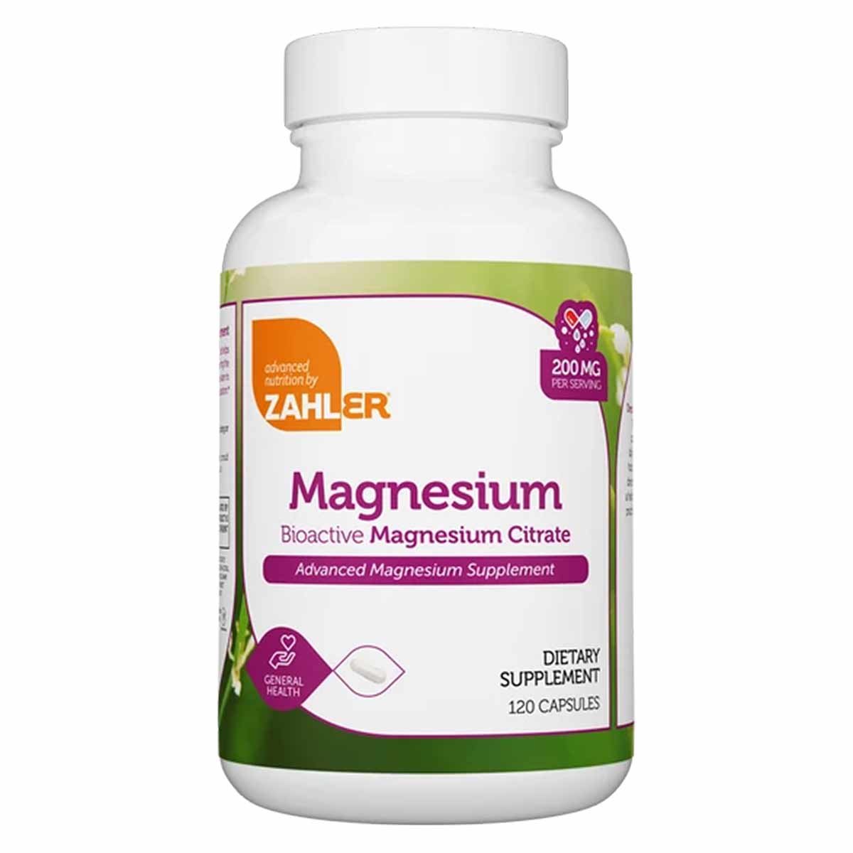 White bottle of Zahler Magnesium Citrate 200mg dietary supplement containing 120 capsules with purple and green label.