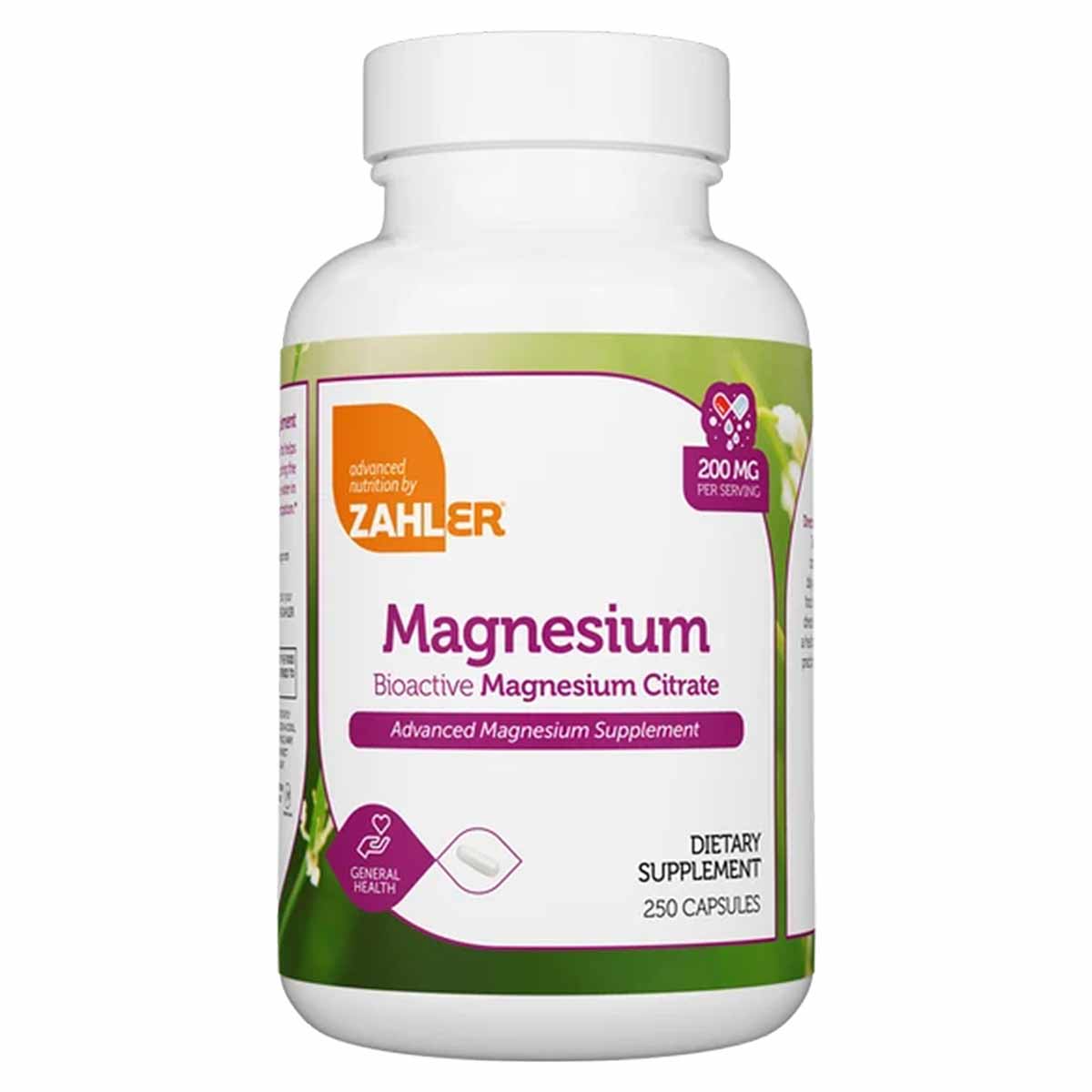 White bottle of Zahler Magnesium Citrate 200 mg dietary supplement with purple and green label, containing 250 capsules.