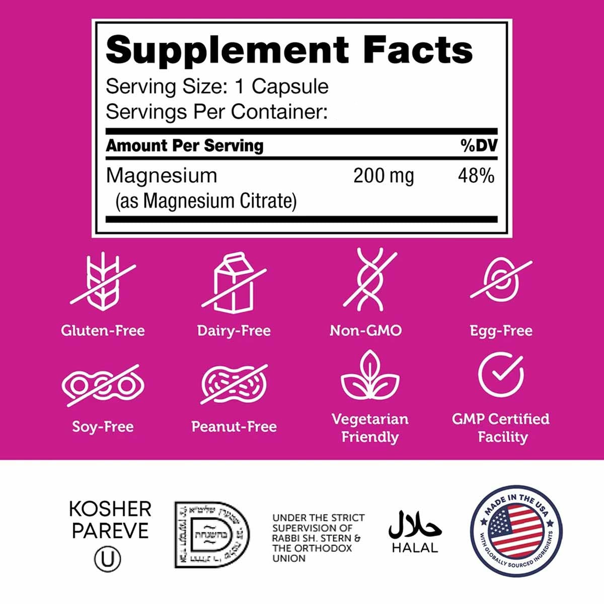 Supplement Facts label for Magnesium Citrate 200mg with icons indicating gluten-free, dairy-free, non-GMO, egg-free, soy-free