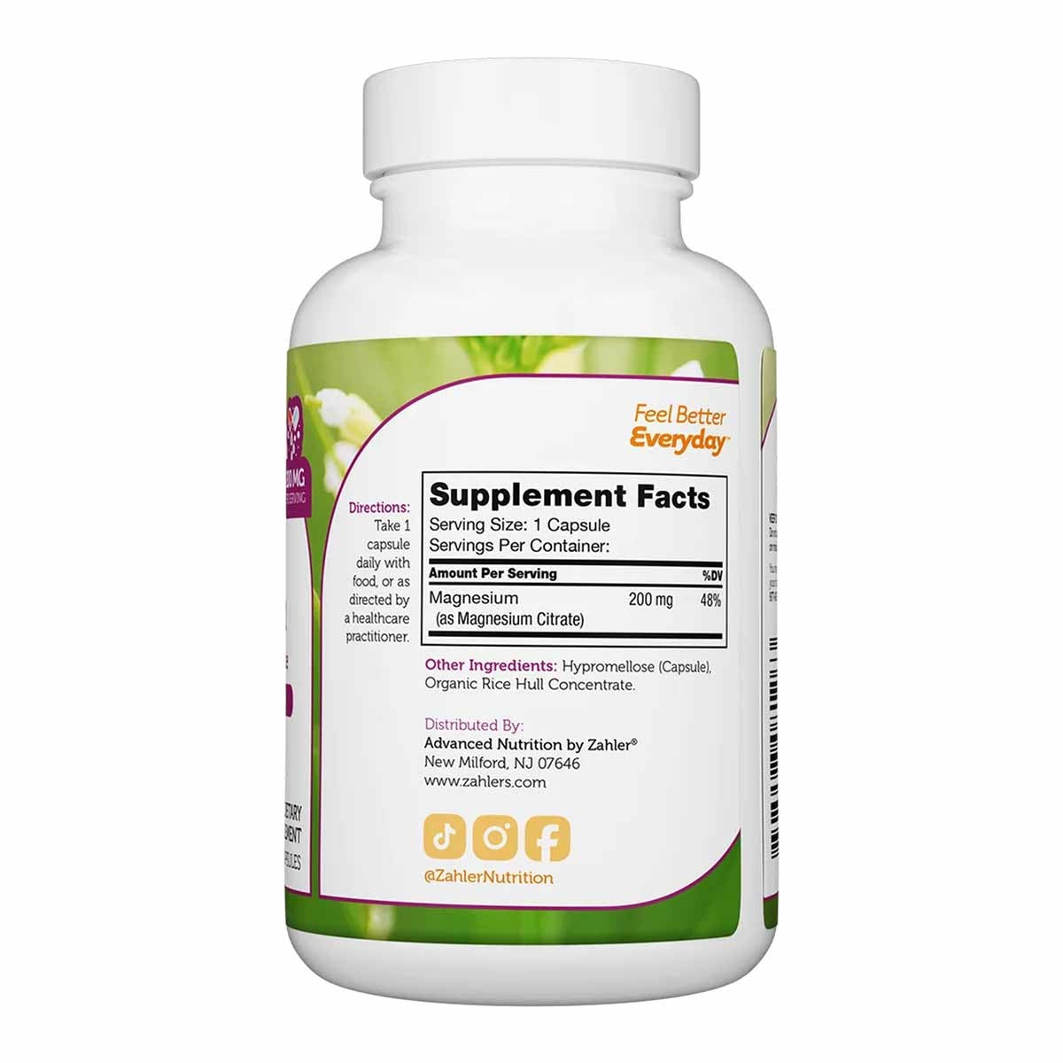 White bottle of Zahler Magnesium Citrate 200mg supplement with green label band and supplement facts panel visible.