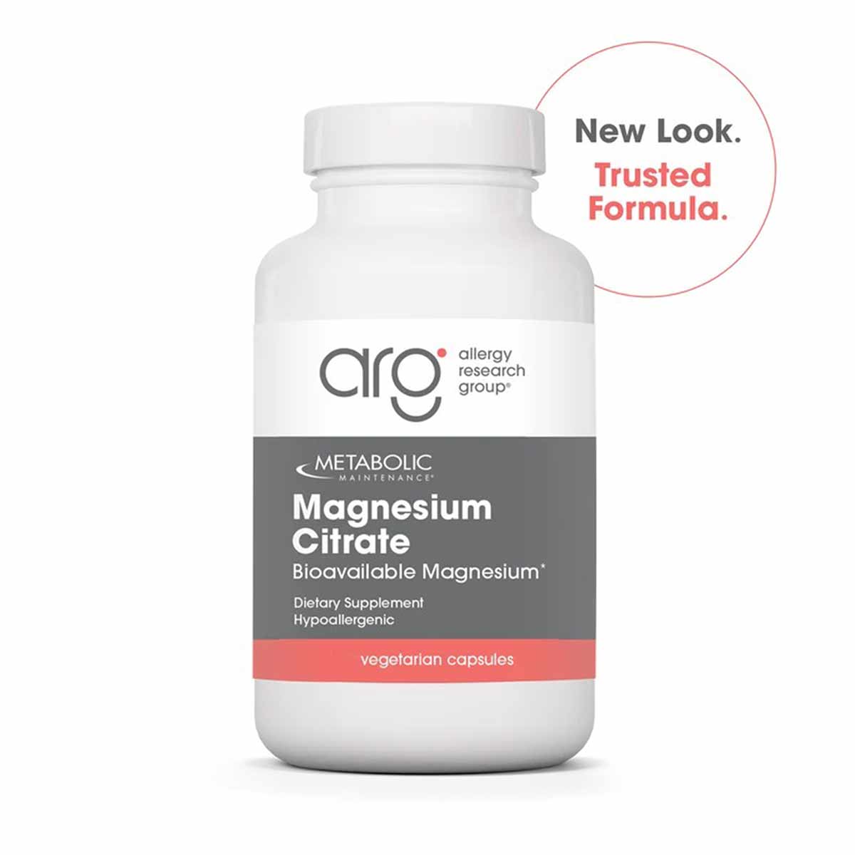 White supplement bottle labeled Magnesium Citrate by Allergy Research Group with white cap and gray and coral label.
